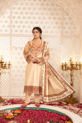 Peach silk unstiched 3piece printed suit